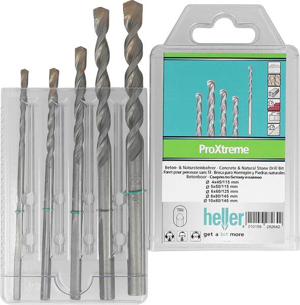 Heller Tools ProXtreme 28264 2 Hartmetall Beton-Spiralbohrer-Set 5teilig 4 mm, 5 mm, 6 mm, 8 mm, 10 mm Dreikantschaft 1