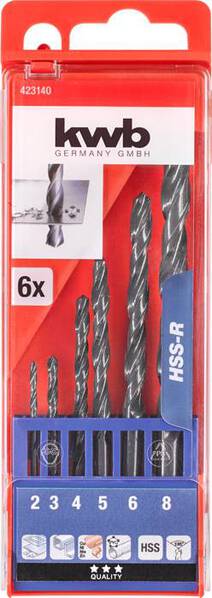 kwb 423140 HSS Metall-Spiralbohrer-Set 6teilig 2 mm, 3 mm, 4 mm, 5 mm, 6 mm, 8 mm DIN 338 Zylinderschaft 1 St.