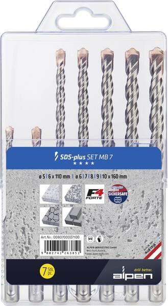Alpen 0080700007100 Stahl Beton-Spiralbohrer-Set 5 mm, 6 mm, 7 mm, 8 mm, 9 mm, 10 mm 1 Set