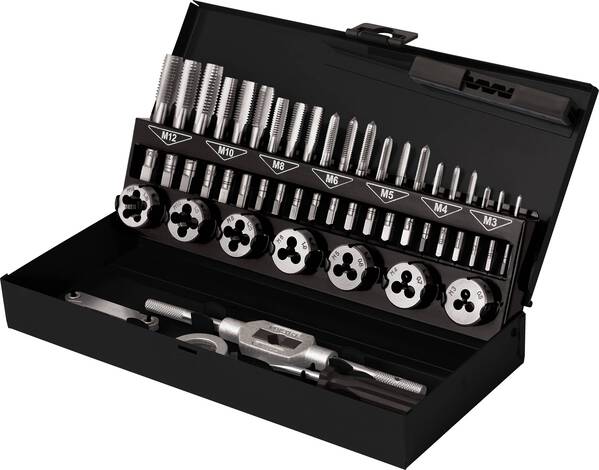 TOOLCRAFT TO-7015521 Gewindeschneidsatz 32teilig Stahl M3 x 0.50 , M4 x 0.70 , M5 x 0.80 , M6 x 1, M8 x 1.25, M10 x 1.5