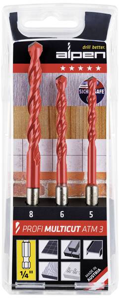 Alpen MultiCut 100803100 Hartmetall Mehrzweckbohrer-Set 3teilig 5 mm, 6 mm, 8 mm 1/4" (6.3 mm) 1 Set