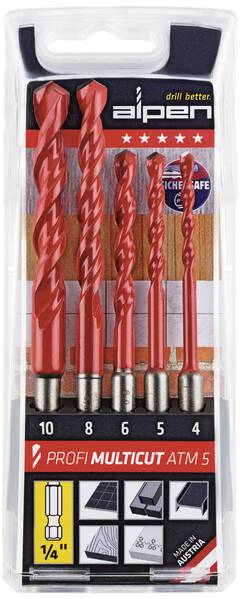 Alpen MultiCut 100805100 Hartmetall Mehrzweckbohrer-Set 5teilig 1/4" (6.3 mm) 1 Set