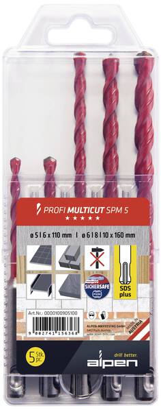 Alpen MultiCut 100905100 Hartmetall Mehrzweckbohrer-Set 5teilig 5 mm, 6 mm, 8 mm, 10 mm SDS-Plus 1 Set