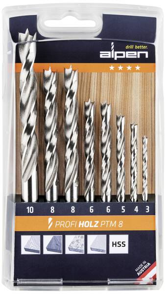 Alpen 600093100 Holz-Spiralbohrer-Set 8teilig 3 mm, 4 mm, 5 mm, 6 mm, 8 mm, 10 mm Zylinderschaft 1 Set