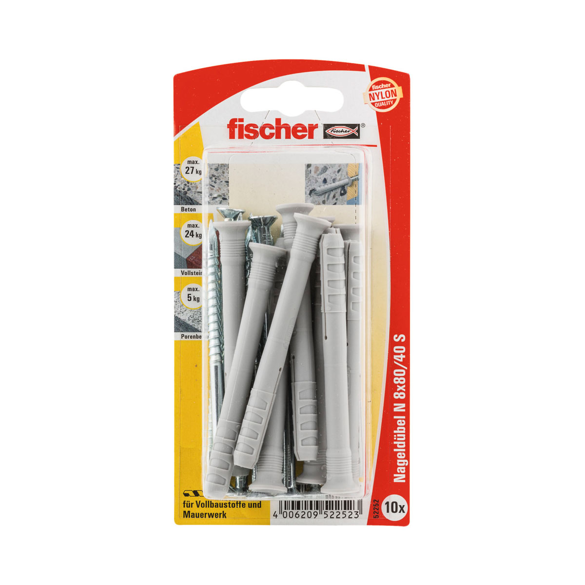 Fischer  Nageldübel N 8 x 80/40 mm mit Schraube 10 Stück | 132758