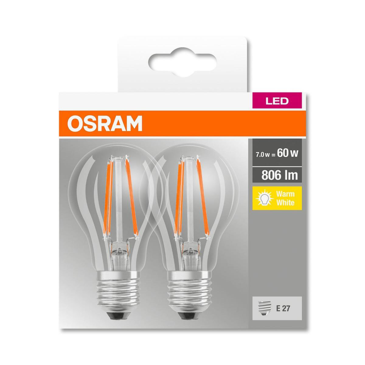 Osram 2x LED-Glühlampe Filament E27 6 Watt warmweiß klar | 224477 – Bild 3
