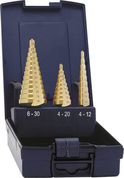 Exact 5351 HSS Stufenbohrer-Set 3teilig 4 - 12 mm, 4 - 20 mm, 6 - 30 mm TiN 3-Flächenschaft 1 Set
