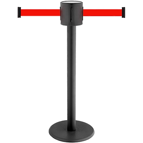 Absperrpfosten GLAD 28, L 350 x B 350 x H 1000 mm, Doppel-Gurtband, Gurtauszug 2 x 4 m, schwarz