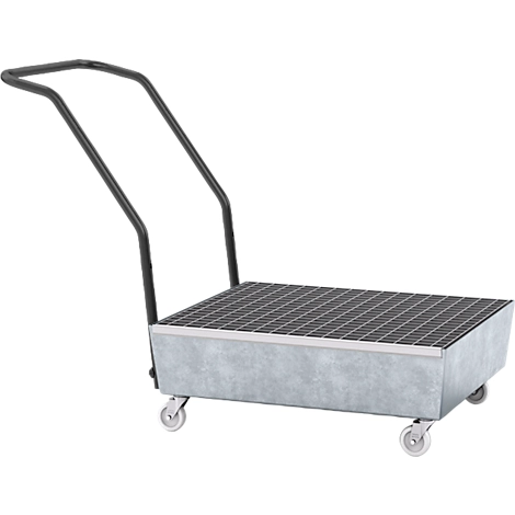 Auffangwanne ASECOS, Stahl, fahrbar, mit Gitterrost, 60 l Auffangvolumen, B 635 x T 810 x H 980 mm, verzinkt