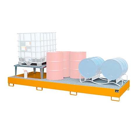 Auffangwanne Bauer AWA 31, Stahl, orange, L 3850 x B 1460 x H 780 mm, 1000 l, für 3 x 1000 l IBC, 1 Abfüllaufsatz, 2 Gitteroste