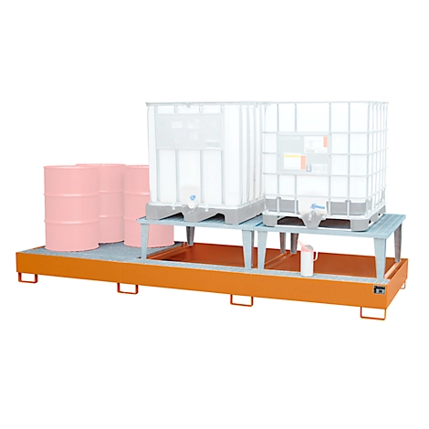 Auffangwanne Bauer AWA 32, Stahl, orange, L 3850 x B 1460 x H 780 mm, 1000 l, für 3 x 1000 l IBC, 2 Abfüllaufsätze, 1 Gitterost