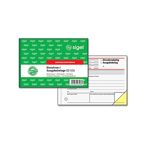 Ausgabe-/Einnahmebeleg Sigel SD026, selbstdurchschreibend, DIN A6 quer, 2 x 40 Blatt