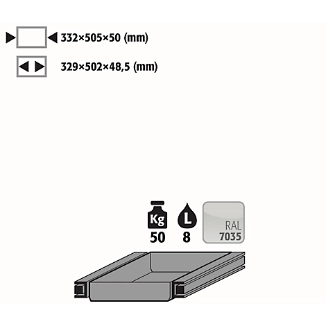 Auszugswanne Entsorgung für asecos Sicherheitsschränke der Q30, Q90 und S90 Serie, Edelstahl 1.4301, B 332 x T 505 x H 50 mm, 7,5 l, bis 50 kg