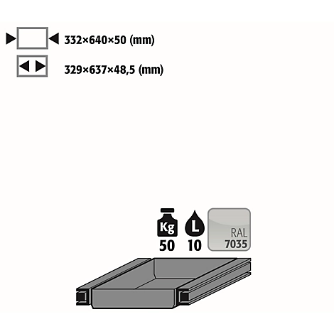 Auszugswanne Entsorgung für asecos Sicherheitsschränke der S90 Serie, Stahlblech, lichtgrau, B 332 x T 605 x H 50 mm, 10 l, bis 50 kg