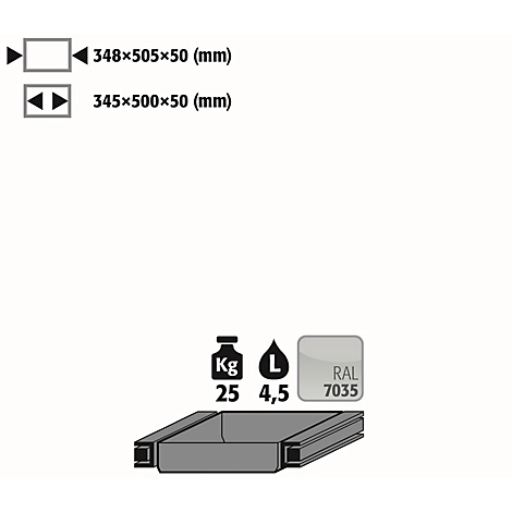 Auszugswanne Standard für asecos Sicherheitsschränke der Q30, Q90 und S90 Serie, Stahlblech, lichtgrau, B 348 x T 505 x H 50 mm, 4,5 l, bis 25 kg