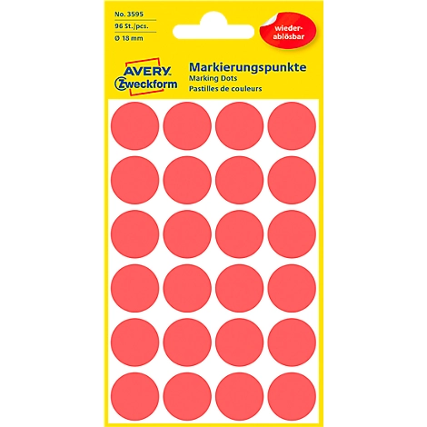 Avery Markierungspunkte 3595, wiederablösbar, 96 Stück, Ø 18 mm, rot