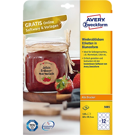 AVERY® Zweckform Klebeetiketten, blanko, 60 x 59,5 mm, 120 Stück, Blumenform, für alle Drucker