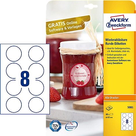 AVERY® Zweckform Klebeetiketten, blanko, Ø 65 mm, rund, für alle Drucker, weiß