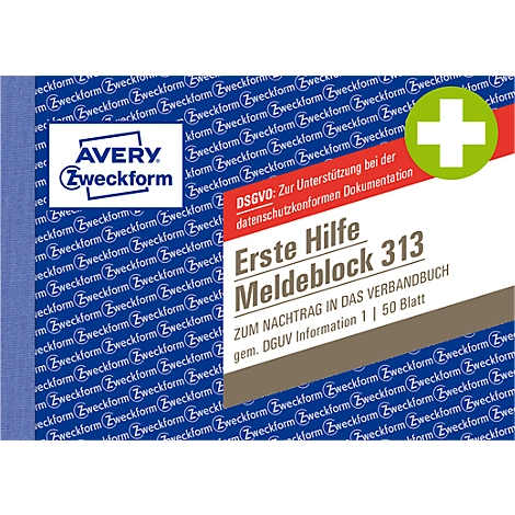 AVERY® Zweckform Meldeblock „Erste Hilfe DGUV Vorschrift 1“, gelocht, 50 Blatt weiß, DIN A6 quer