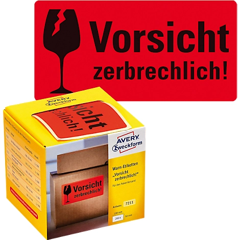 AVERY® Zweckform Warnetiketten Zerbrechlich, B 100 x H 50 mm, rot, 1 Rolle mit 200 Stück