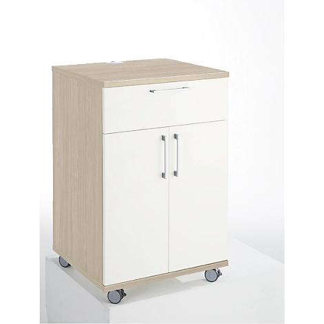 Catering-Caddy, mit Kühlschrankfach und Klappfach, B 650 x T 600 x H 1000 mm, ohne Kühlbox, Eiche-Dekor/weiß