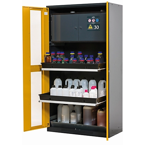 Chemikalienschrank asecos CS-CLASSIC-GF, Flügeltüren mit Glasausschnitt, Front Sicherheitsgelb, B 1055 x T 520 x H 1950 mm
