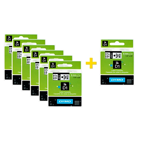 DYMO® Sparset Schriftbandkassetten 43613, 6 mm breit, weiß/schwarz, 6 + 1 GRATIS