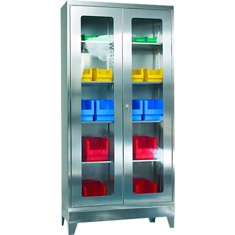 Edelstahl-Vitrinenschrank, 2-türig, 4 Einlegeböden, mit Füßen, B 1000 x T 400 x H 1950 mm