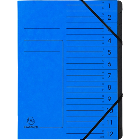 Exacompta Dokumentenmappe, DIN A4, Gummizugverschluss, Karton, 12 Fächer, blau