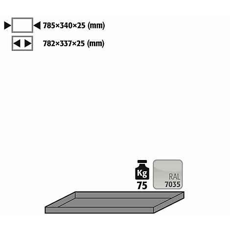 Fachboden Standard für asecos Druckgasflaschenschränke, Stahlblech, lichtgrau, B 785 x T 340 x H 25 mm, bis 75 kg