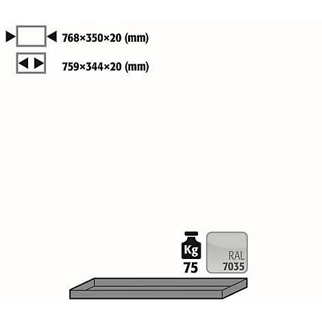 Fachboden Standard für asecos Sicherheitsschränke der K90 und UB90 Serie, Stahlblech, lichtgrau, B 768 x T 350 x H 20 mm, bis 30 kg