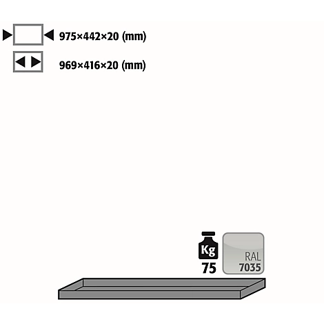Fachboden Standard für asecos Sicherheitsschränke der UB90 und UB30 Serie, Stahlblech, lichtgrau, B 975 x T 422 x H 20 mm, bis 30 kg