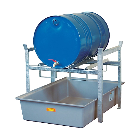 Fassregal TYP 400 Variante 1 CEMO, mit GFK-Auffangwanne, für 2 x 60 I Fässer oder 1 x 200 I Fass, m. Fassauflage, L 990 x B 1280 x H 840 mm