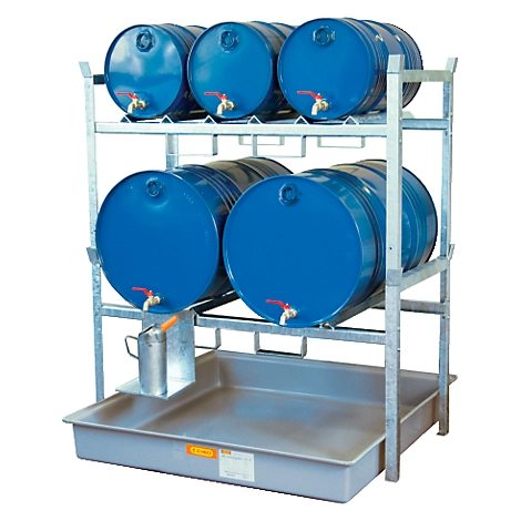 Fassregal Typ 800 Variante 3 CEMO, mit Fassauflage und Auffangwanne, für 2 x 200 I u. 3 x 60-I-Fässer, L 1410 x B 1280 x H 1620 mm