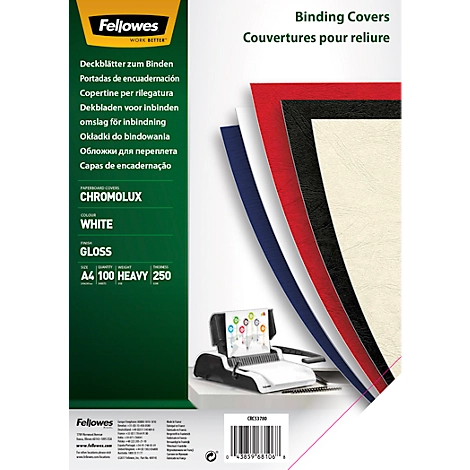 Fellowes Deckblatt Chromolux, Karton, DIN A4, für Draht- und Plastikbindemaschinen, weiss, 250g, 100 Stück