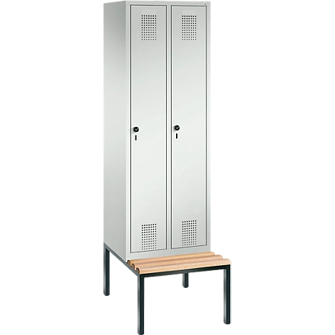 Garderobenspind Evolo S 3000, Stahl, m. untergebauter Sitzbank, 2 Abteile m. jew. B 300 mm, Sicherheitsdrehriegelverschluss, lichtgrau RAL 7035/lichtgrau RAL 7035
