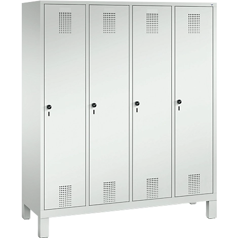 Garderobenspind Evolo S 3000, Stahl, mit Füßen, 4 Abteile mit jeweils B 400 mm, Drehriegel, lichtgrau RAL 7035/lichtgrau RAL 7035