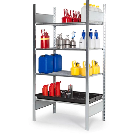 Gefahrstoffregal asecos RSG-V 1064, B 1060 x T 640 x H 2000 mm, mit 28 l PE-Auffangwanne, 3 Gitterostböden aus verzinktem Stahl