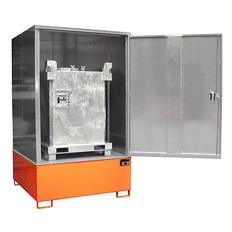 Gefahrstoffschrank BAUER GS-4, Stahlblech, unterfahrbar, für 1 x 1000 l IBC, B 1475 x T 1460 x H 2410 mm, orange