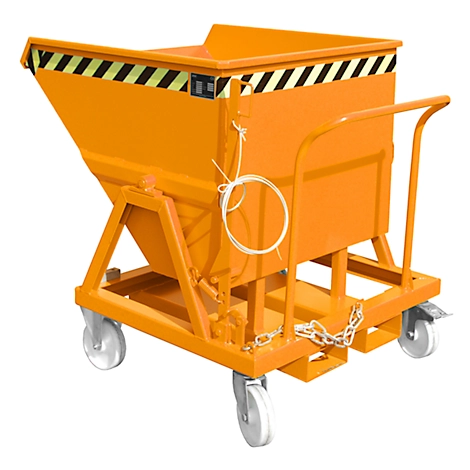 Kippmulde Bauer KS 400, Stahl, orange, B 1220 x T 1200 x H 1115 mm, 400 l, bis 1000 kg, Rollen, Manuelle Kippvorrichtung