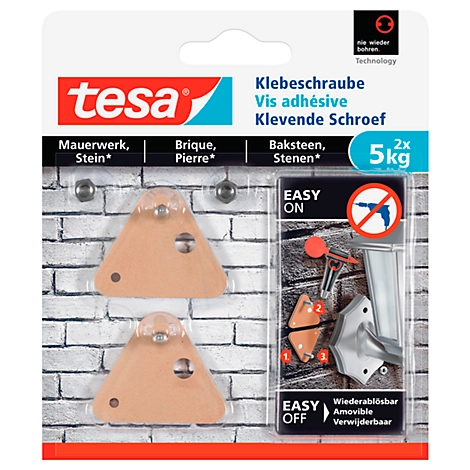 Klebeschraube tesa®, für Mauerwerk & Stein im Innen- & Außenbereich, Haftkraft bis 5 kg, ablösbar, dreieckig, 2 Stück