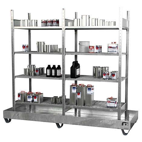 Kleingebinderegal BAUER S 3023-4E, Grund- und Anbauregal, B 2400 x T 800 x H 2000 mm, 4 Gitterrostböden + 1 Auffangwanne