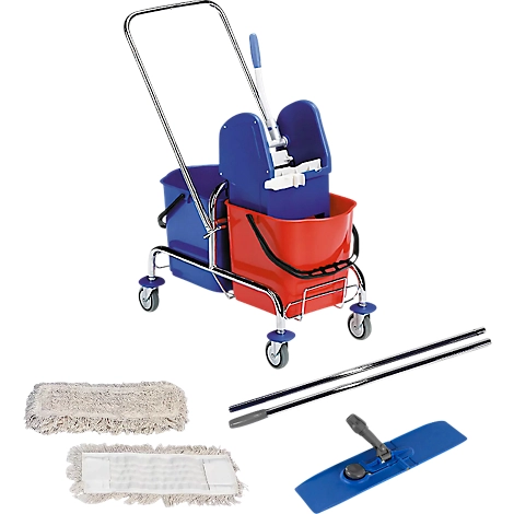 Komplettset Doppelfahreimer Chrom, 2 x 15 L Eimer, 2-teiliger Chromstiel + 10 Mopps