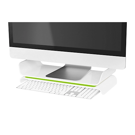 Leitz® Ergo WOW Monitorständer, ergonomisch, für Monitore bis 27 ″, 2-stufig höhenverstellbar mit Stauraum für Tastatur, B 209 x H 112 mm, weiß/grün