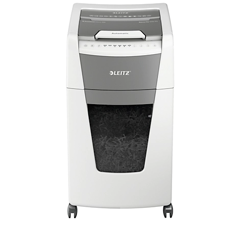 Leitz IQ Autofeed Office Pro 600 Aktenvernichter P4, Vollautomatik, Partikelschnitt 4 x 36 mm, 110 l, 600 Blatt Schnittleistung, mit Rollen, weiß