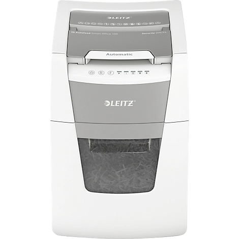 Leitz IQ Autofeed Small Office 100 Aktenvernichter P4, Vollautomatik, Partikelschnitt 4 x 30 mm, 34 l, 100 Blatt Schnittleistung, weiß