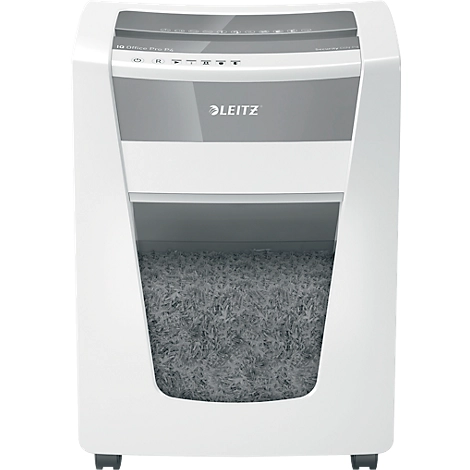 Leitz IQ Office Pro Aktenvernichter P4, Partikelschnitt 4 x 40 mm, 30 Liter, 20 Blatt Schnittleistung, Anti-Papierstau-Technologie, mit Rollen, weiß