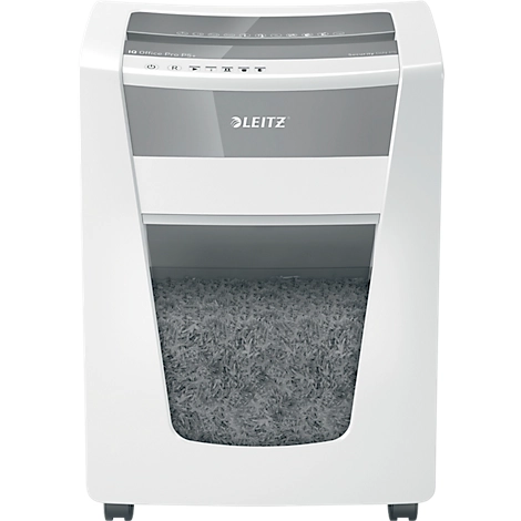 Leitz IQ Office Pro Aktenvernichter P5+, Super-Mikroschnitt 2 x 5 mm, 30 l, 7 Blatt Schnittleistung, Anti-Papierstau-Technologie, mit Rollen, weiß