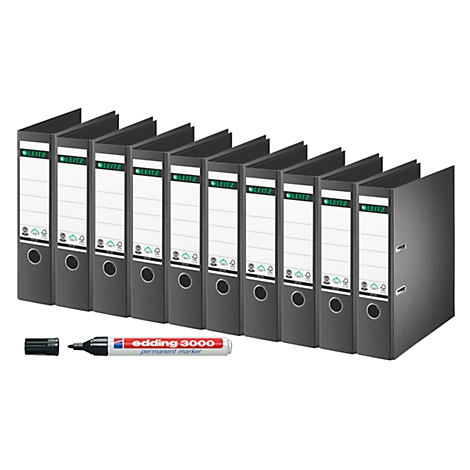 LEITZ® Ordner 1007, DIN A4, 80 mm, 10 Stück, schwarz + GRATIS edding Permanentmarker 3000