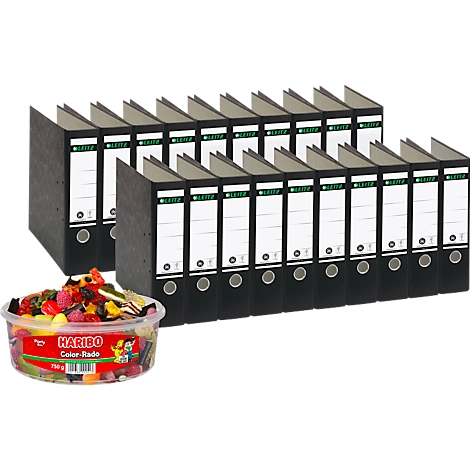LEITZ® Ordner 1080 + 750 g HARIBO Color-Rado Party-Box, DIN A4, Rückenbreite 80 mm, 20 Stück, schwarz